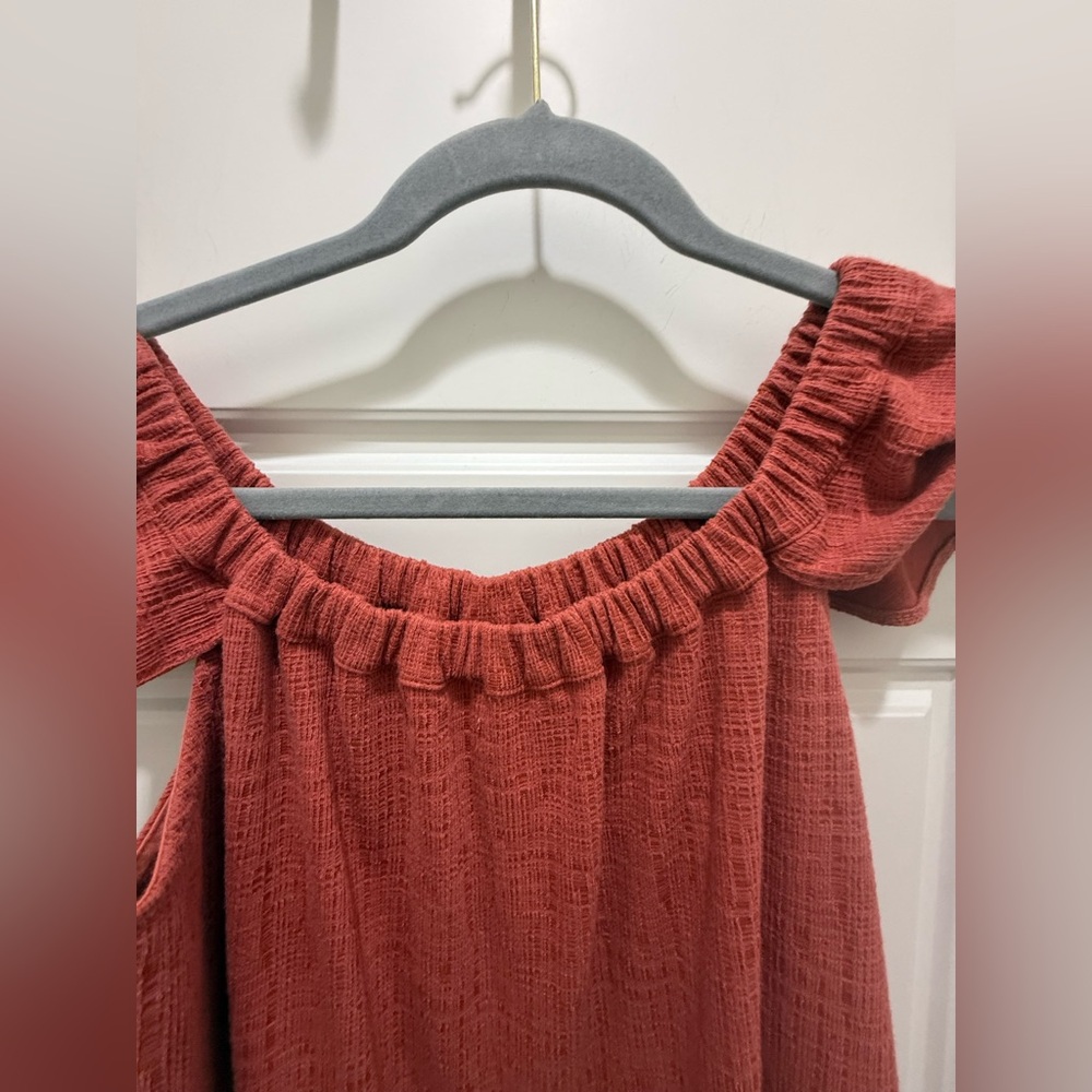 Madewell. Texture & Thread, Off-Shoulder, Rust Button Front Mini Dress. Small - Picture 11 of 11